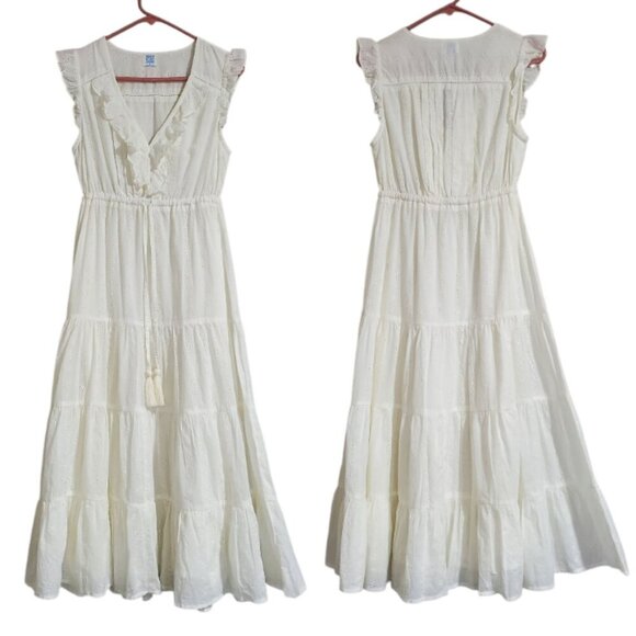 mer St. Barth Giselle Ruffle Tiered Cream Off White Eyelet Maxi Dress - Small - Picture 1 of 7